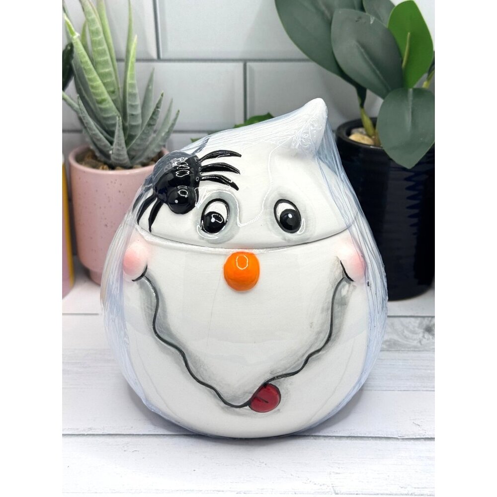 Maxcera Ceramic Halloween Ghost Candy Jar With Spider & Smiling Face Design